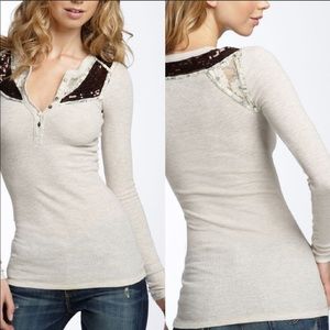 FREE PEOPLE | Trinket Henley Oatmeal Sequin Lace L